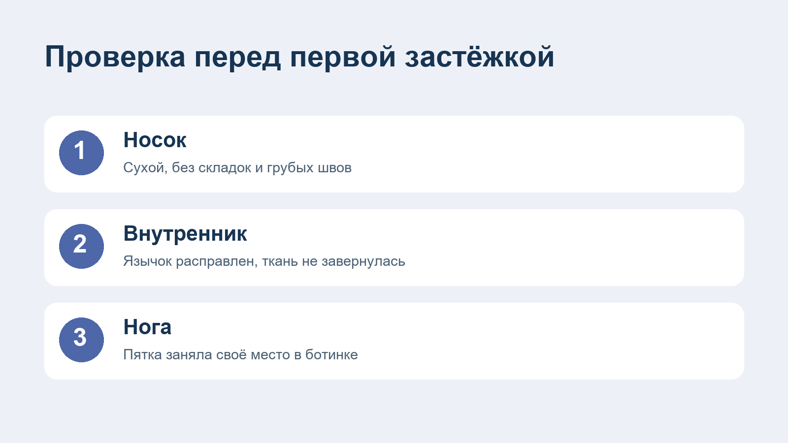 До застёгивания проверяют носок, язычок внутренника и положение пятки